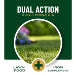 Graphic panel reading 'Dual Action 2-in-1 Formula' with circular photo of lawn and icons for lawn food and iron