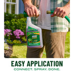 Lifestyle image of a person holding a Scotts Liquid Green Max bottle near a garden hose, showing easy application