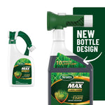 Product graphic showing Scotts Liquid Green Max refill bottle and spray-adaptor bottle with 'new bottle design' text