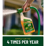 Action photo of a Scotts Liquid Green Max bottle attached to a hose sprayer actively applying product to lawn