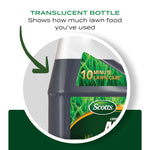Close-up circular crop of a translucent Scotts Liquid Green Max bottle showing fill level and label details