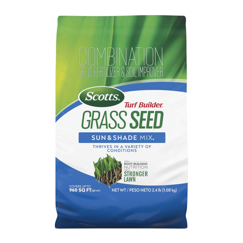 Front-facing Scotts Turf Builder Grass Seed Sun & Shade Mix bag on white background showing product branding and seed/soil imagery.
