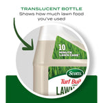 Close-up of translucent Scotts Turf Builder bottle showing product level with arrow and text about translucency