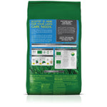 Rear view of a Scotts Turf Builder bag showing directions, precaution panels and product information on a green background.