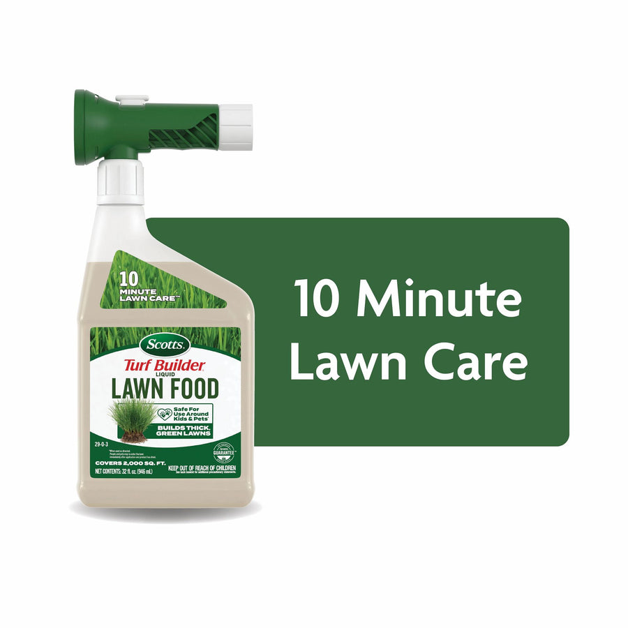 Spray bottle of Scotts Turf Builder liquid lawn food with green trigger and '10 Minute Lawn Care' panel