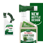 Two Scotts Turf Builder liquid lawn food bottles showing new bottle design and a comparison to previous bottle