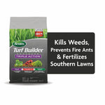 Bag of Scotts Turf Builder Southern Triple Action displayed with callout panel stating it kills weeds, prevents fire ants, and fertilizes