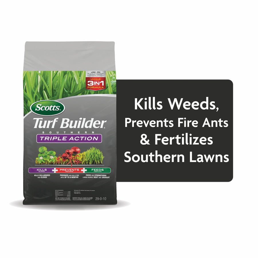 Bag of Scotts Turf Builder Southern Triple Action displayed with callout panel stating it kills weeds, prevents fire ants, and fertilizes