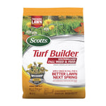 Front photo of a Scotts Turf Builder WinterGuard Fall Weed & Feed bag with branding and product claims