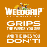 Orange graphic panel reading 'WEEDGRIP TECHNOLOGY' with slogan 'Grips the weeds you see and the ones you don't'