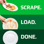 Three horizontal panels showing a dirty plate being scraped, loaded with food residue, and a clean plate with words 'Scrape. Load. Done.'