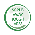 Round graphic badge reading "Scrub Away Tough Mess" in green lettering with circular border