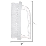 White scrub brush displayed with dimensional measurement overlay showing approximately 3 by 4 inches