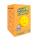 Orange Scrub Daddy 4-pack retail box shown at an angle with branding and usage icons on a white background