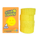 Bright yellow Scrub Daddy sponge stack beside orange product box showing Scrub Daddy logo and 4 pack label.