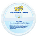 Back of Scrub Daddy Stove & Cooktop Cleanser lid showing usage directions and a small product image