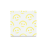 Square swatch of white fabric printed with yellow Scrub Daddy smiling-face pattern on a white background.