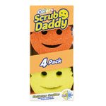 Front of Scrub Daddy colors pack showing orange and yellow smile-face scrub sponges in retail box with '4 Pack' banner.