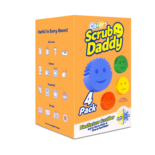 Orange product box for Scrub Daddy Colors with smiling sponge illustrations and '4 Pack' label