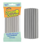 Scrub Daddy Damp Duster in retail packaging next to an unboxed gray ribbed foam duster.