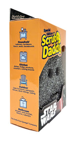 Angled side view of Scrub Daddy box showing usage icons and visible textured black sponge