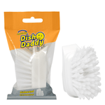 Scrub Daddy Dish Daddy white nylon scrub brush in branded orange-and-gray hanging retail pouch, plus loose brush detail.