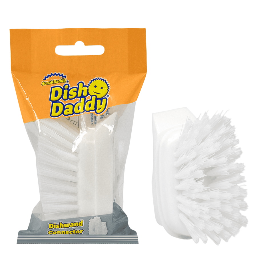 Scrub Daddy Dish Daddy white nylon scrub brush in branded orange-and-gray hanging retail pouch, plus loose brush detail.