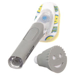 Gray Dish Daddy handle with detachable smiling cap removed, showing the sponge head, clear soap chamber, and cap beside the wand.