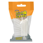 Scrub Daddy Dish Daddy white nylon scrub brush shown inside orange-and-gray retail hanging pouch, clear packaging visible.
