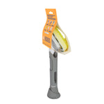 Angled side view of the gray Dish Daddy wand with yellow scrub sponge head and packaging sleeve visible.