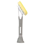 Dish Daddy wand shown vertically with the angled sponge head attached, clear soap reservoir and textured gray base visible.