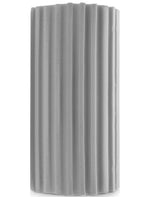 Tall close-up of a gray ribbed foam Damp Duster sponge photographed on white.