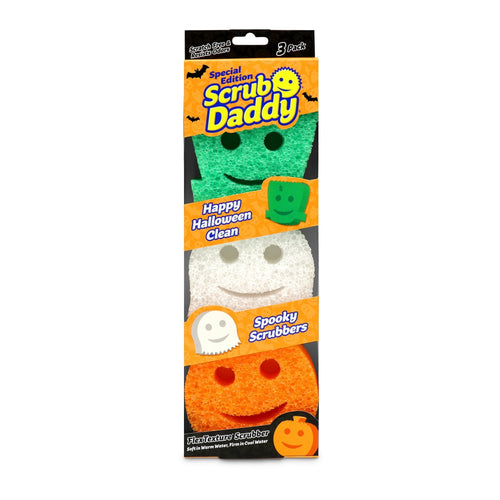Tall retail pack showing three Scrub Daddy Halloween-shaped non-scratch sponges in green, white, and orange with branded header.