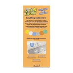 Back panel of Scrub Daddy packaging with product description, color-coded smiley sponge illustrations and accessory callouts.