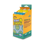 Angled view of Scrub Daddy Scour Daddy ArmorTec mesh scouring pad pack with orange sleeve and visible product text
