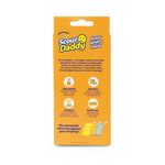 Back panel of Scrub Daddy Scour Daddy packaging with product copy, usage icons and small product images on orange background
