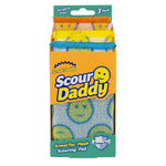 Packaged Scrub Daddy Scour Daddy mesh scouring pads in orange cardboard sleeve with smiley pattern visible