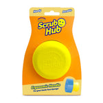 Yellow Scrub Hub ergonomic handle on orange branded Scrub Daddy carded packaging with small product illustration