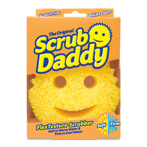 Single Scrub Daddy retail box front view with orange packaging and a yellow smiley sponge visible through the window