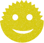Close-up cutout of a yellow Scrub Daddy smiling face sponge with spiky outer edge on transparent background.