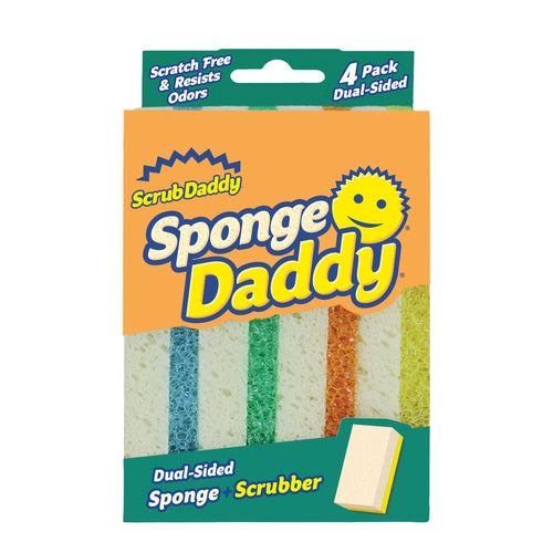 Packaged Scrub Daddy Sponge Daddy sponges in orange and green branded retail box showing sponge edges