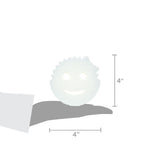 Illustration showing a smiling scrub sponge on a hand silhouette with 4" width and height dimensions