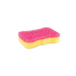 Angled view of a yellow sponge with a bright pink abrasive scrub surface on white background