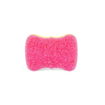 Front-facing view of a pink textured scrubber surface on a yellow contoured sponge