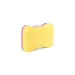 Yellow contoured kitchen sponge with a textured pink scrubber side, shown on white background