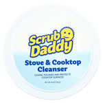 Top-down view of a Scrub Daddy Stove & Cooktop Cleanser lid with blue gradient label and logo