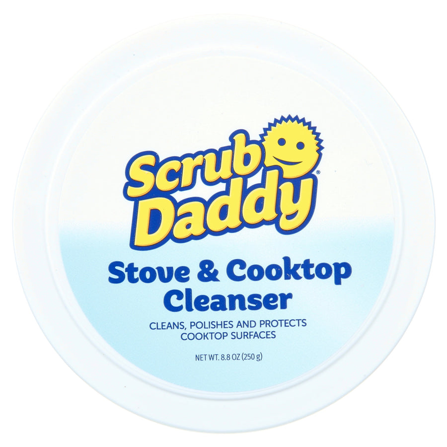 Top-down view of a Scrub Daddy Stove & Cooktop Cleanser lid with blue gradient label and logo