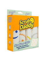 Angled view of Scrub Daddy orange box packaging showing four rolled white streakless cloths and branding.