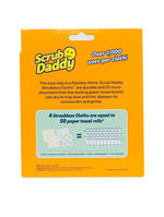 Back of Scrub Daddy streakless cloths packaging with product text and infographic on an orange background.