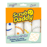 Packaged Scrub Daddy streakless cloths in orange branded box with four folded white patterned cloths visible.